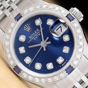 LADIES ROLEX DATE DIAMOND SAPPHIRE 18K WHITE GOLD & STEEL BLUE DIAL WATCH