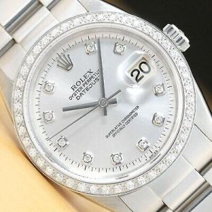 MENS ROLEX DATEJUST SILVER DIAMOND 18K WHITE GOLD BEZEL & STAINLESS STEEL WATCH