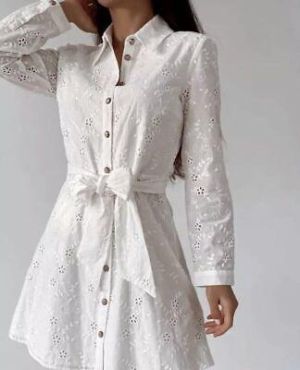 ZARA OYSTER WHITE TAILORED SHIRT DRESS WITH CUTWORK EMBROIDERY BRODERIE ANGLAISE