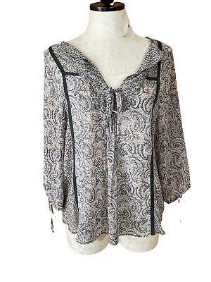 eliraz&sivan  brands zara Zara Basic Long Sleeve Semi-Sheer Blouse Paisley Floral Drawstring V-Neck XS