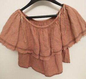 eliraz&sivan  brands zara Zara Woman Tan 100% Linen Off Shoulder Ruffled Cropped Blouse