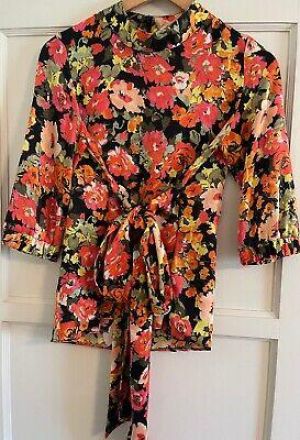eliraz&sivan  brands zara ZARA TRF COLLECTION, BRIGHT FLORAL BLOUSE TIE WAIST, MOCK NECK, EUC