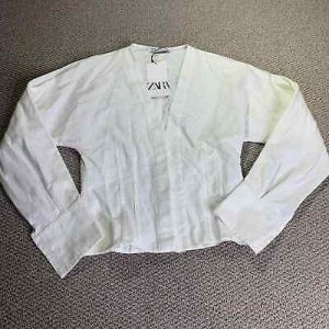 eliraz&sivan  brands zara Zara Womens Shirt Size XS White Long Sleeves Fitted Front Zip V-Neck Cropped NWT