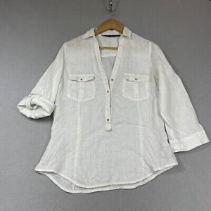 eliraz&sivan  brands zara Zara 100% Linen Military Popover Blouse Womens M White Beach Roll Tab 3/4 Sleeve