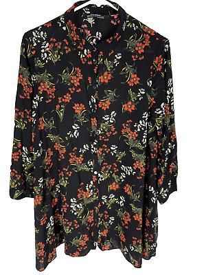 eliraz&sivan  brands zara ZARA WOMAN Tunic Shirt Size Medium Button Up Black Floral Lightweight Shirt Top