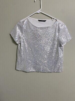 eliraz&sivan  brands zara Zara Basics Shirt Top Size Medium White Sequins Short Sleeve NWT New