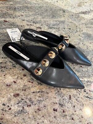 eliraz&sivan  brands zara Zara Black Slides Mules With Large Gold Decor on Strap  ~ Size EU 39 US 8