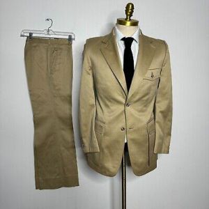 Vtg Disco Suit Mens Beige Solid Wool 36R 28W (5 inches to let out)