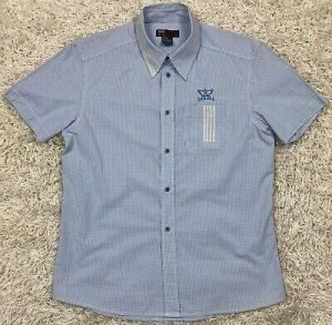 eliraz&sivan  brands DIESEL Diesel Men’s Button Down Shirt Medium Short Sleeve Blue Check White Stripes