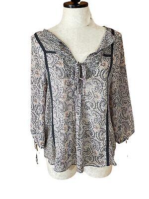 eliraz&sivan  brands zara Zara Basic Long Sleeve Semi-Sheer Blouse Paisley Floral Drawstring V-Neck XS