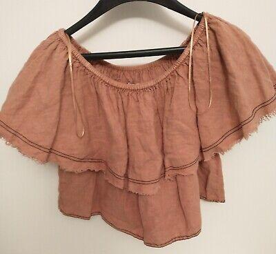 eliraz&sivan  brands zara Zara Woman Tan 100% Linen Off Shoulder Ruffled Cropped Blouse