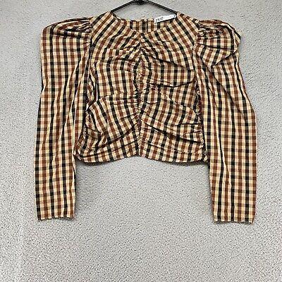 eliraz&sivan  brands zara Zara Top Womens Small Plaid Puff Shoulder Ruched Y2K Long Sleeve Neutral Brown