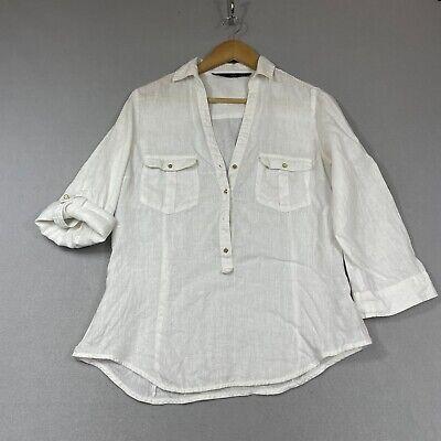 eliraz&sivan  brands zara Zara 100% Linen Military Popover Blouse Womens M White Beach Roll Tab 3/4 Sleeve