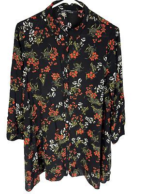 eliraz&sivan  brands zara ZARA WOMAN Tunic Shirt Size Medium Button Up Black Floral Lightweight Shirt Top