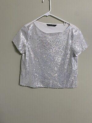 eliraz&sivan  brands zara Zara Basics Shirt Top Size Medium White Sequins Short Sleeve NWT New